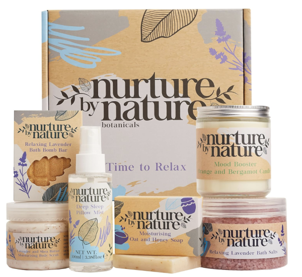 Nurture by Nature RELAX & CALM Spa Kit - Mothers Day Gifts - Spa Gift Baskets For Women, Complete Bath Sets for Women Gift - Lavender Pillow Mist, Bath Salts, Bath Bomb - Self Care Gift Basket